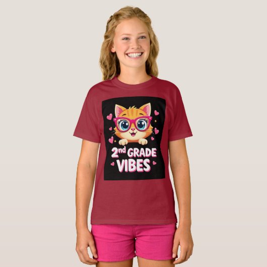 Schattigee Kat Cartoon met Bril - 2e Graad Vibes T-shirt (Voorkant volledig)