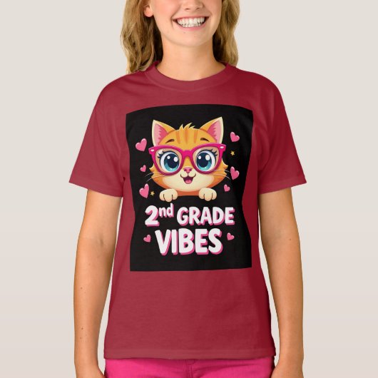 Schattigee Kat Cartoon met Bril - 2e Graad Vibes T-shirt (Voorkant)