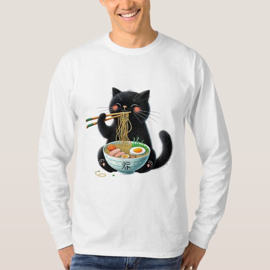Schattigee kat die geniet van een hete kom ramen t-shirt (Voorkant)