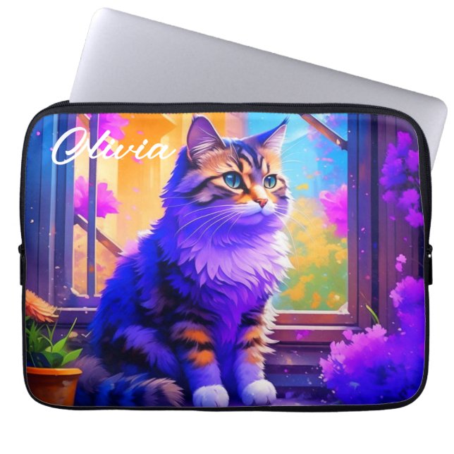 Schattigee kat die in Venster AI Kunst zitten Laptop Sleeve (Voorkant)