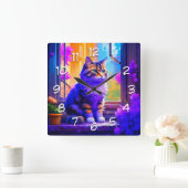 Schattigee kat die in Venster AI Kunst zitten Vierkante Klok (Huis)