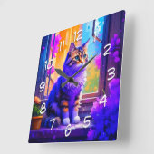 Schattigee kat die in Venster AI Kunst zitten Vierkante Klok (Hoek)