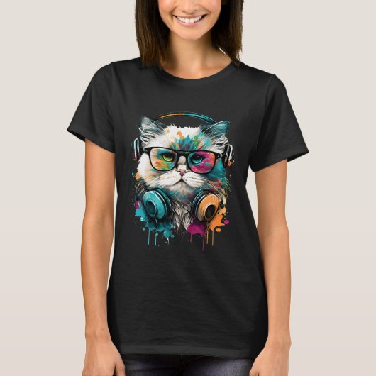 Schattigee kat dragen bril & headset t-shirt (Voorkant)