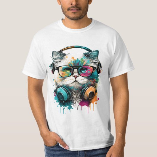 Schattigee kat dragen bril & headset t-shirt (Voorkant)