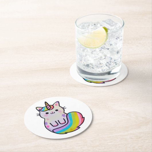 Schattigee kat eenhoorn regenboog ronde kartonnen onderzetter (Insitu)