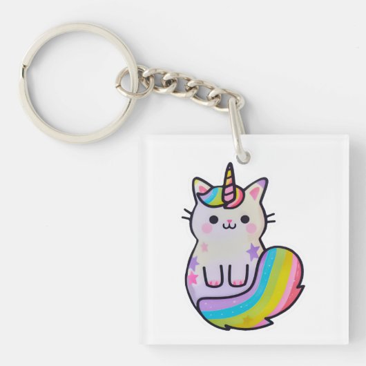 Schattigee kat eenhoorn regenboog sleutelhanger (voorkant)