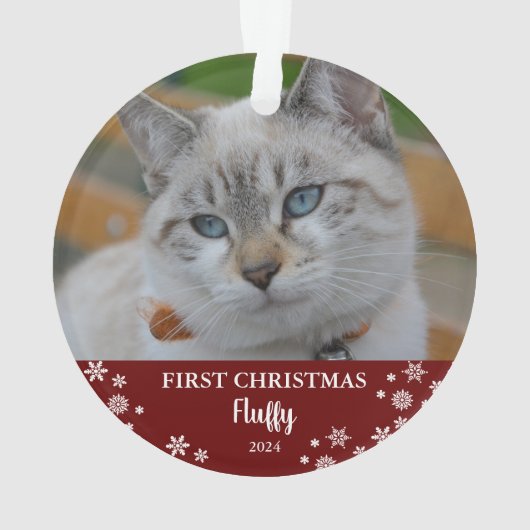 Schattigee kat eerste Kerstmis sneeuwvlokken foto  Ornament (achterkant)