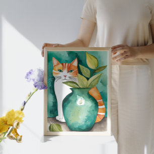 Schattigee kat en Blauwgroen groene vaas botanisch Poster
