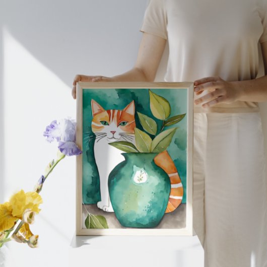 Schattigee kat en Blauwgroen groene vaas botanisch Poster