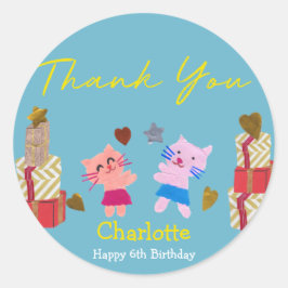 Schattigee kat en cadeaus | Blauw verjaardagsfeest Ronde Sticker