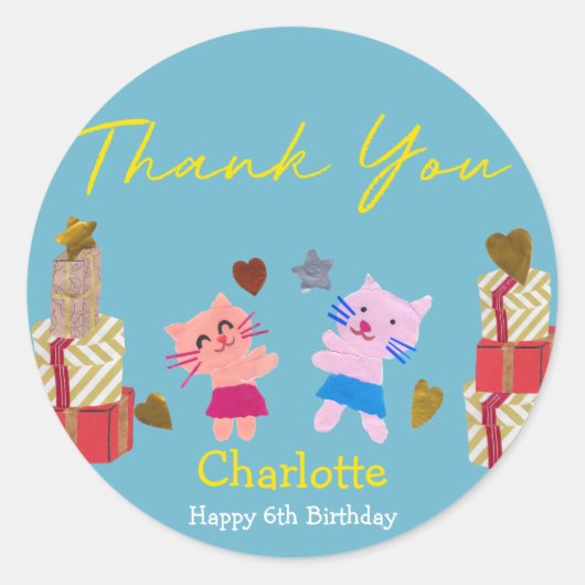 Schattigee kat en cadeaus | Blauw verjaardagsfeest Ronde Sticker (Voorkant)