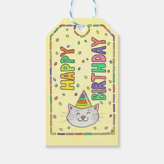 Schattigee kat en Confetti jarig Cadeaulabel (Voorkant)