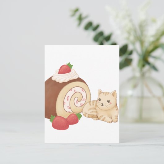 Schattigee kat en dessert illustratie briefkaart (Staand voorkant)
