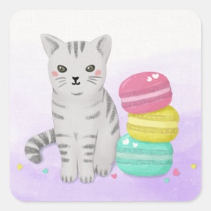 Schattigee Kat en Dessert Illustratie Kunst Vierkante Sticker