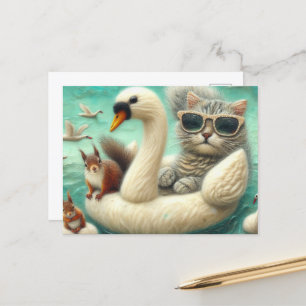 Schattigee kat en eekhoorns wollen zwaan boot briefkaart