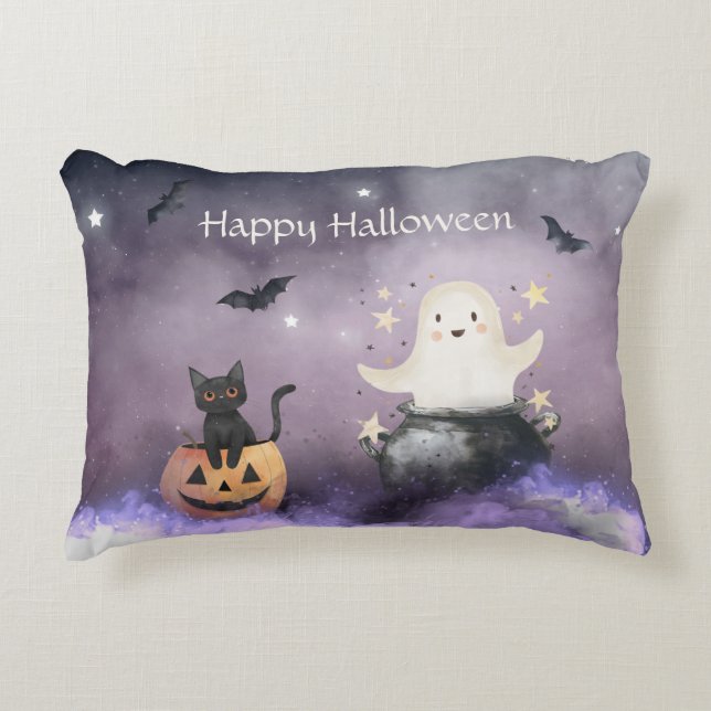 Schattigee kat en geest Halloween Accent Kussen (Voorkant)