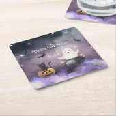 Schattigee kat en geest Halloween Kartonnen Onderzetters (Schuin)