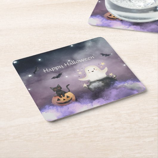 Schattigee kat en geest Halloween Kartonnen Onderzetters (Schuin)