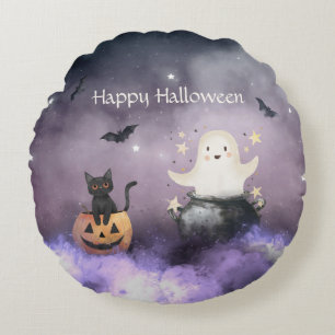 Schattigee kat en geest Halloween Rond Kussen