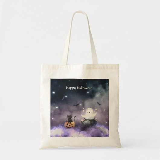 Schattigee kat en geest Halloween Tote Bag (Voorkant)