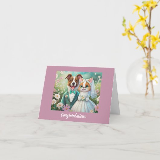 Schattigee kat en hond bruiloft gefeliciteerd kaart (Gele Bloem)