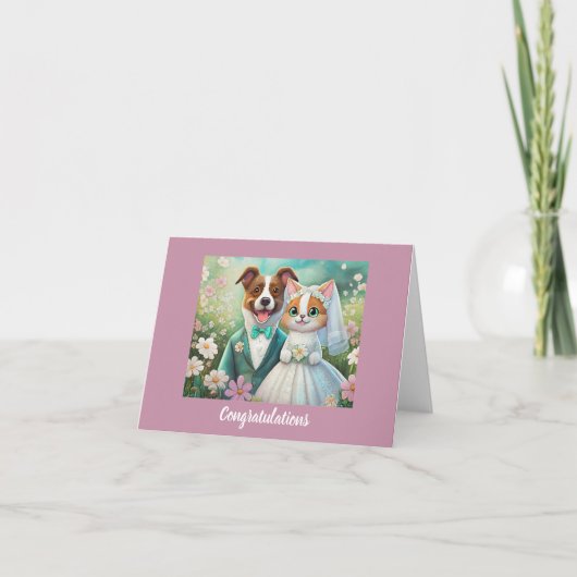 Schattigee kat en hond bruiloft gefeliciteerd kaart (Voorkant)