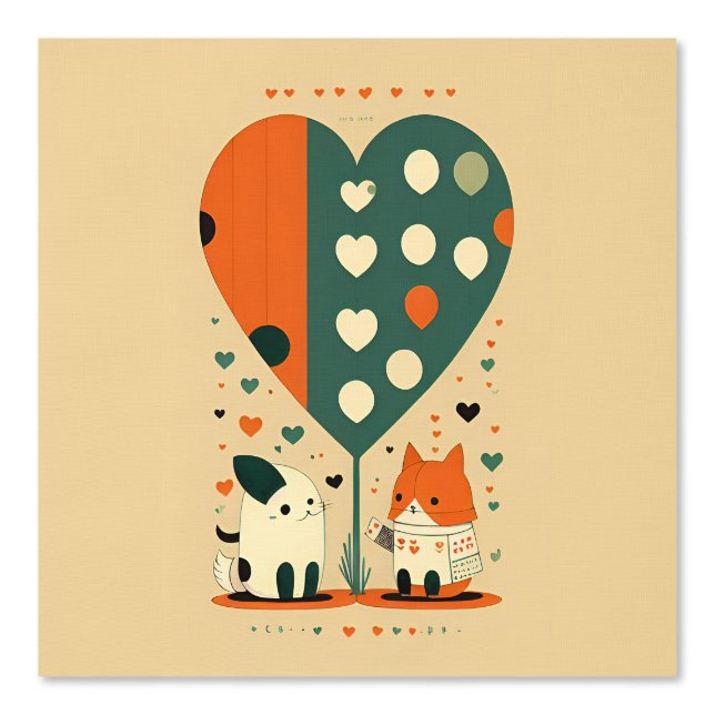 Schattigee kat en hond met hartballon behang (Voorkant)