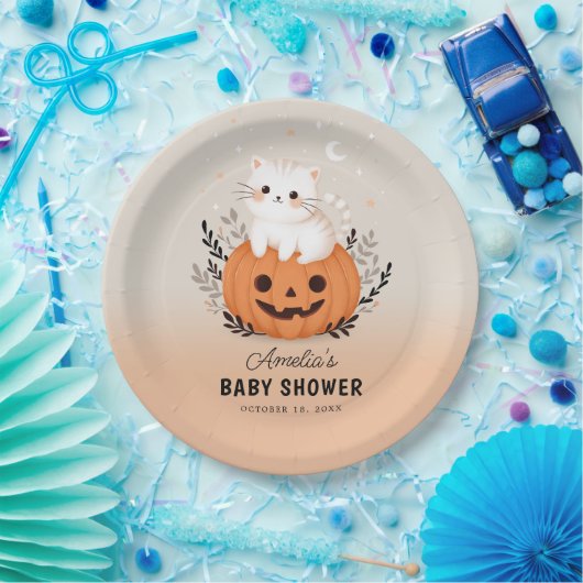 Schattigee kat en pompoen Halloween Baby shower Papieren Bordje (Feest)