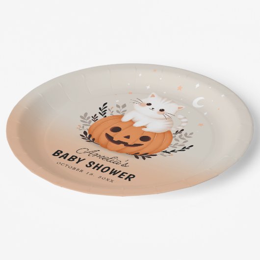 Schattigee kat en pompoen Halloween Baby shower Papieren Bordje (Gekanteld)