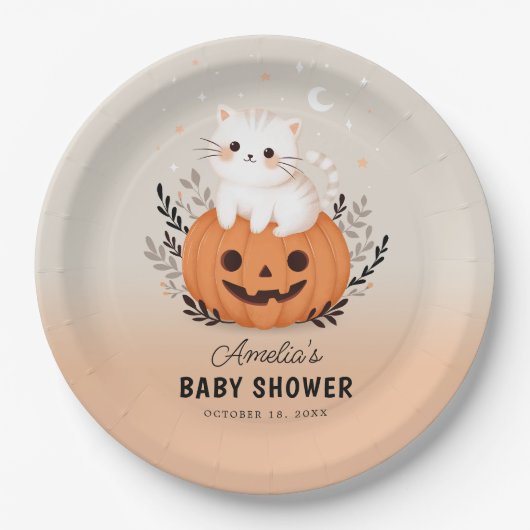 Schattigee kat en pompoen Halloween Baby shower Papieren Bordje (Voorkant)