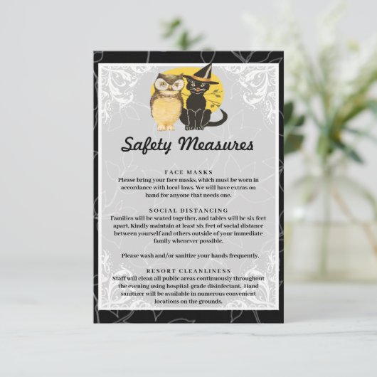 Schattigee kat en uil Halloween bruiloft veilighei Informatiekaartje (Staand voorkant)