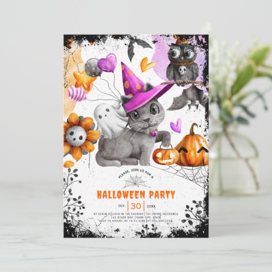 Schattigee kat en uil Halloween-feestuitnodiging Kaart (Staand voorkant)