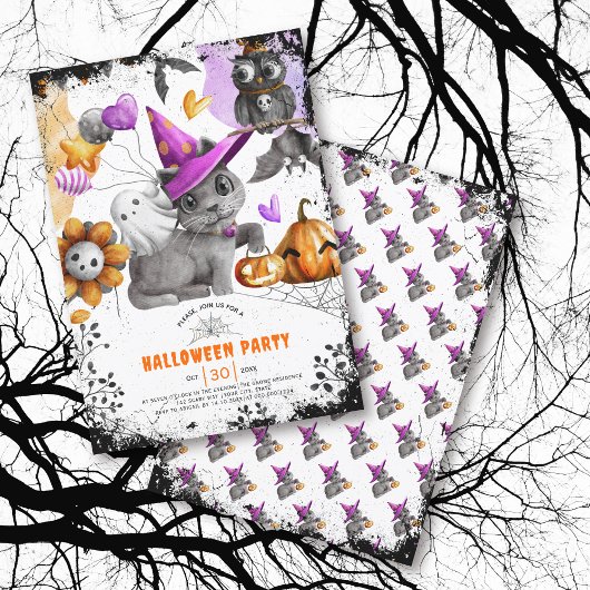 Schattigee kat en uil Halloween-feestuitnodiging Kaart