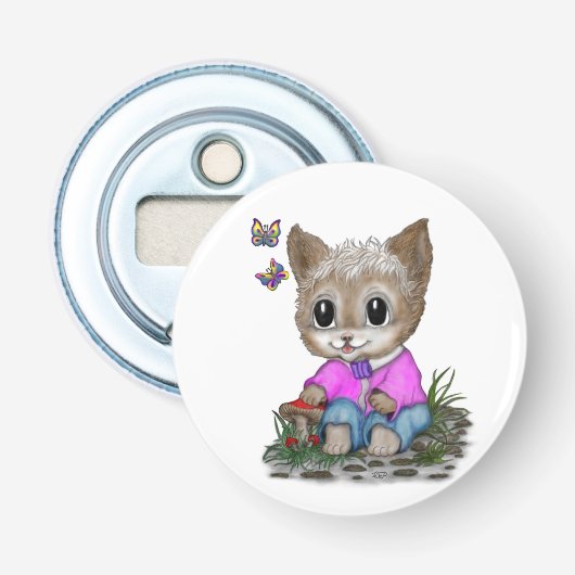 Schattigee kat en vlinder button flesopener (Voorkant)
