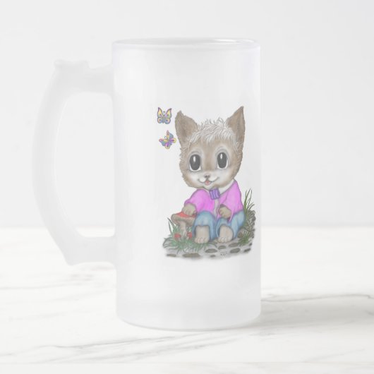 Schattigee kat en vlinder matglas bierpul (Links)