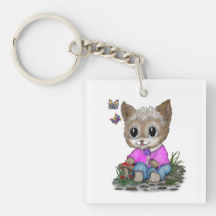 Schattigee kat en vlinder sleutelhanger