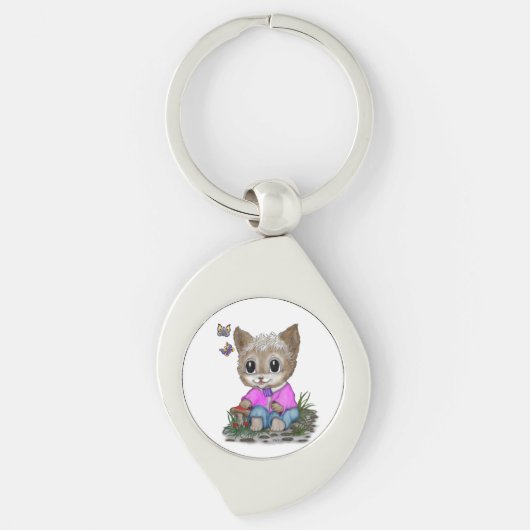 Schattigee kat en vlinder sleutelhanger (Voorkant)