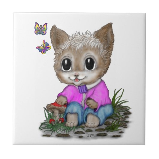 Schattigee kat en vlinder tegeltje (Voorkant)
