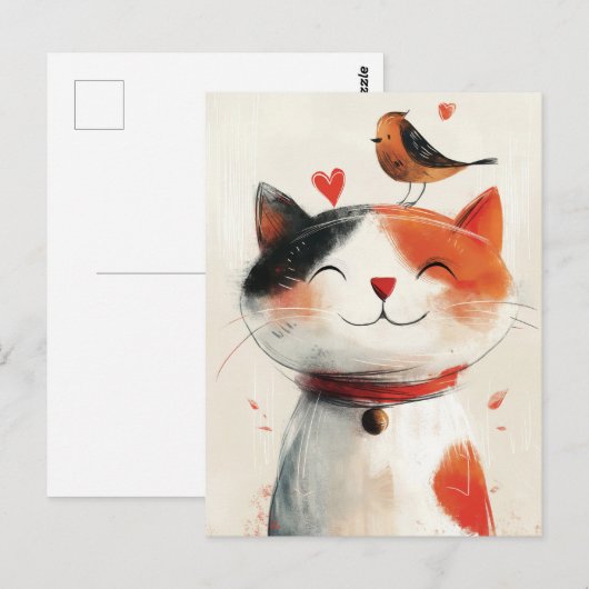 Schattigee Kat en Vogelvrienden Briefkaart (Voorkant / Achterkant)