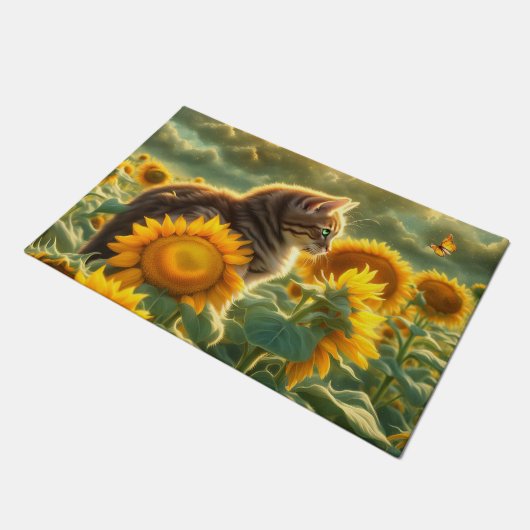 Schattigee kat en zonnebloemen deurmat (Schuin)