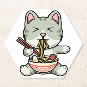 Schattigee kat eten soba noedels cartoon icoon ill kartonnen onderzetters