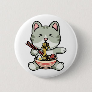 Schattigee kat eten soba noedels cartoon icoon ill ronde button 5,7 cm