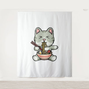Schattigee kat eten soba noedels cartoon icoon ill wandkleed