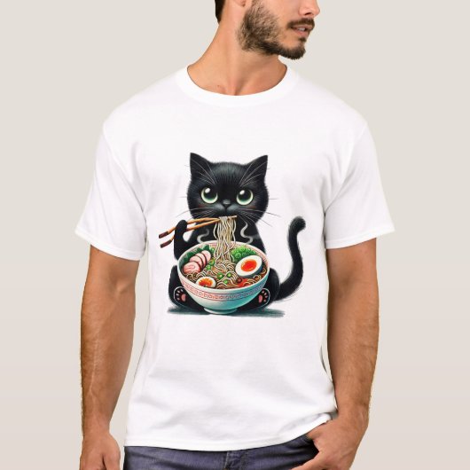 Schattigee kat geniet van het eten van ramen t-shirt (Voorkant)
