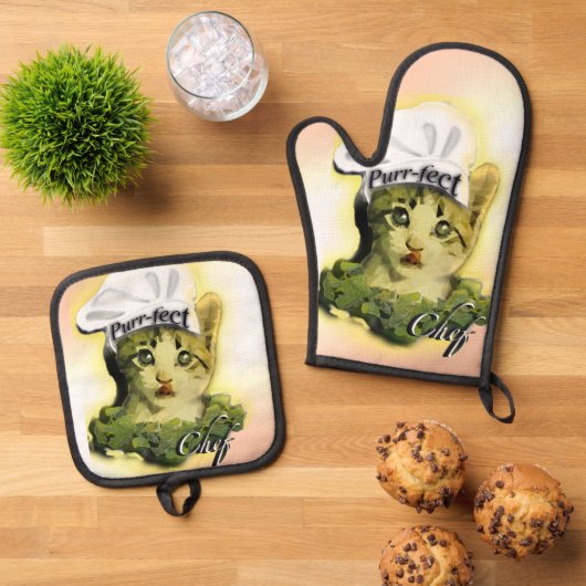 Schattigee kat Gesponnen-effect chef Ovenwant & Pannenlap Set (Top down)