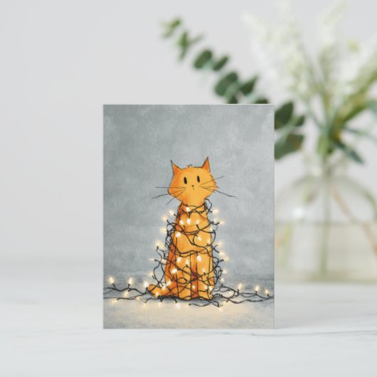 Schattigee kat gewikkeld door kerstverlichting Gra Briefkaart (Staand voorkant)