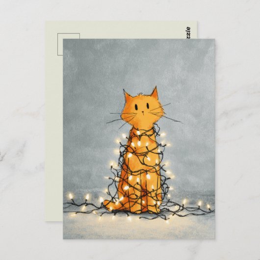 Schattigee kat gewikkeld door kerstverlichting Gra Briefkaart (Voorkant / Achterkant)