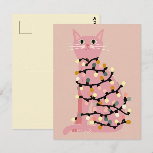 Schattigee kat gewikkeld in kerstverlichting Grapp Briefkaart (Voorkant / Achterkant)
