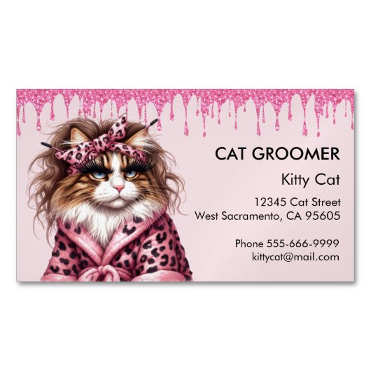 Schattigee kat groomer sitter roze glitter druppel magnetisch visitekaartje (Voorkant)