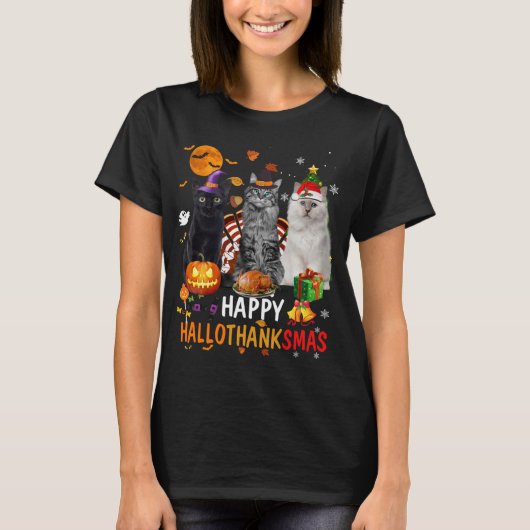 Schattigee Kat Halloween Vrolijk Kerstfeest Gelukk T-shirt (Voorkant)